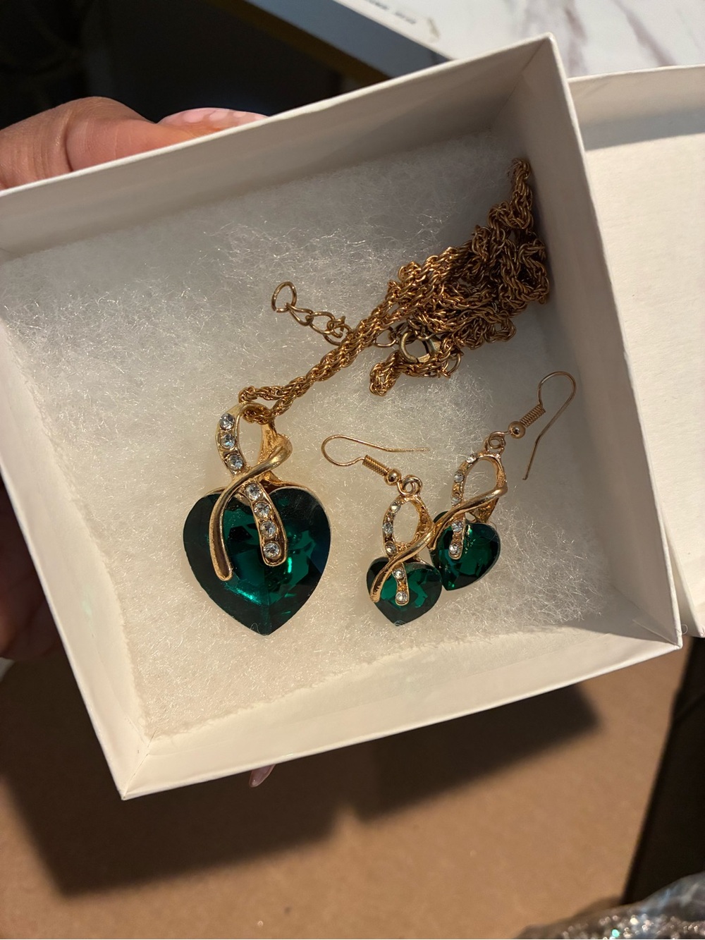 Gold-Tone Emerald Heart Pendant Necklace & Earrings Set